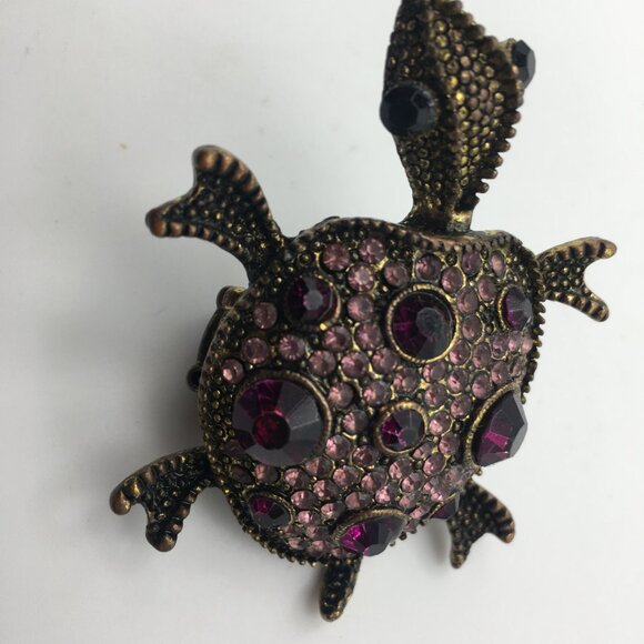 VTG Sea Turtle Ring Stretch Band Pink Purple Rhinestones Gold Tone Metal 2.5" - Picture 6 of 13